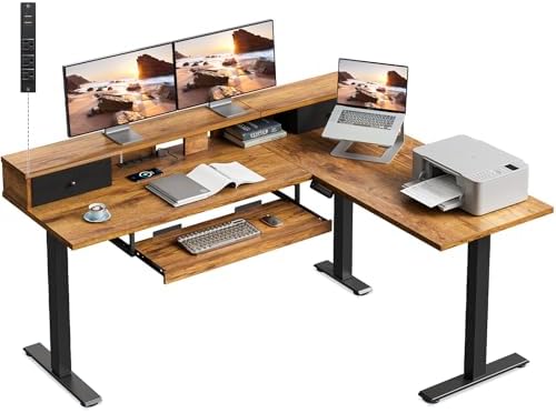 Casaottima 59" L Shaped Electric Standing Desk with Drawers, Rustic Brown