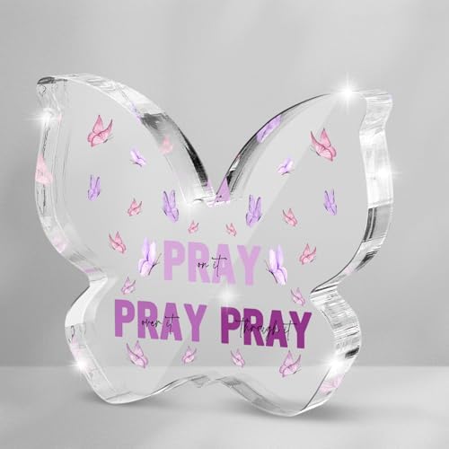 Purple Religious Plaques Christian Woman Decor Gifts, Purple Christian Gifts for Women, Modern Home Office Room Bathroom Bedroom -Pray On It Pray Over It -Bible Verse Acrylic Sign(Butterfly)