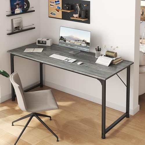 Huuger Modern Simple Office Desk, 55 Inch, Gaming & Work Desk with Storage, Large Legroom, Metal Frame, Grey