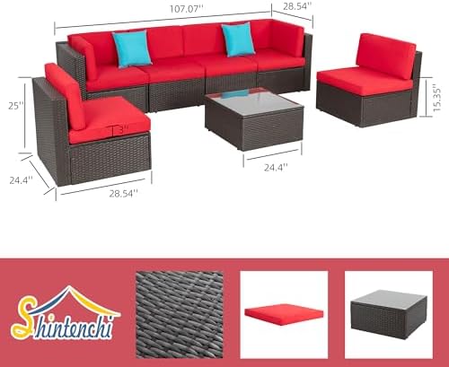Shintenchi 7 Pieces Patio Furniture Sets Outdoor All-Weather Sectional Patio Sofa Set PE Rattan Manual Weaving Wicker Patio Conversation Set with Glass Table&Ottoman Cushion and Red Pillows, Red