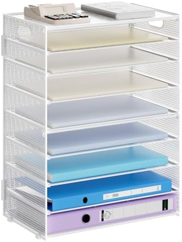 Marbrasse Paper Organizer Letter Tray, 9 Tier Mesh File Organizer with Handle, Paper Sorter Desk Organizer for Home Office Supplies - White