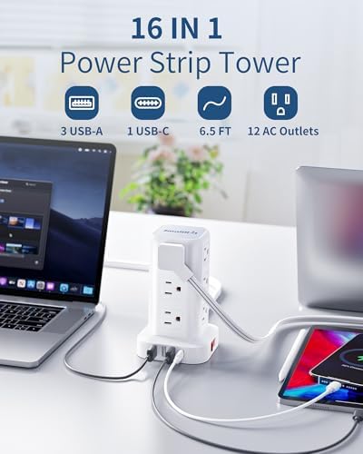 Extension Cord with Multiple Outlets, SMALLRT Flat Plug Power Strip Tower with USB 12 AC Outlets, 6.5FT Ultra Thin Extension Cord Outlet Extender for Home Office, Overload Protection