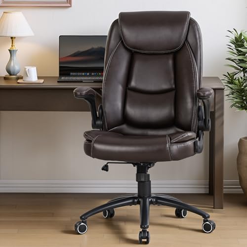 300lbs Capacity Executive Desk Chair with Ergonomic Lumbar Support, Flip-up Arms & High Back Leather Computer Chair for Home/Office, Brown