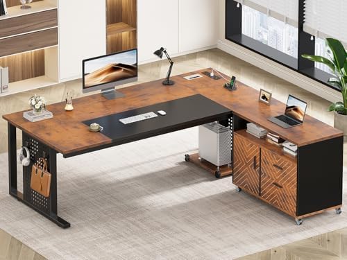 SEDETA 71" Executive Desk with Rolling File Cabinet, Large Office Desk with Drawers, L Shaped Computer Desk with Power Outlets, CPU Stand, Pegboard and Storage Shelves, Rustic Brown