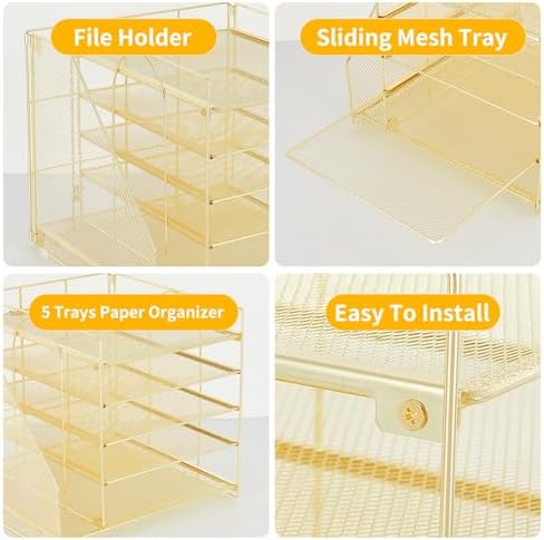 LEKETREE Desk Organizers and Accessories, 5-Tier Paper Letter Tray Organizer with File Holder, Desktop Organizer for Office Supplies (Gold)