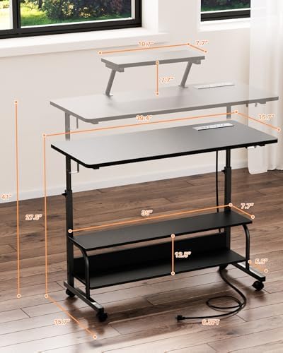 Height Adjustable Standing Desk with Power Outlets and LED Lights - 39" Manual Stand Up Desk with Monitor Stand and Storage Shelves Small Mobile Rolling Computer Desk Portable Laptop Table, Black