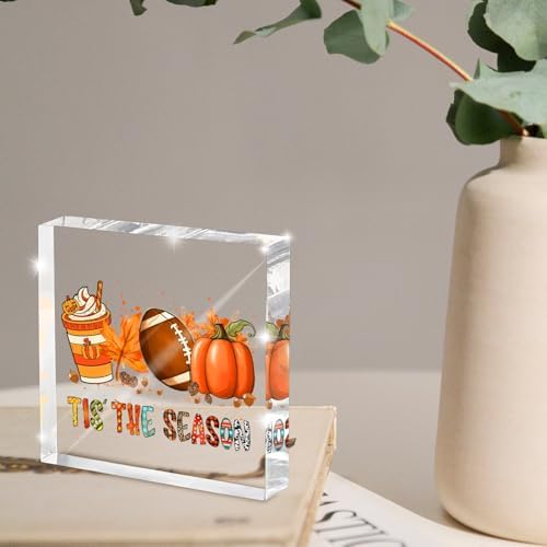 Fall Football Pumpkin Acrylic Sign 4x4in, Thanksgiving Home Office Decor