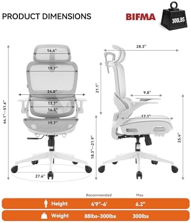 SIHOO B100 Office Chair, Comfy Ergonomic Office Chair, High Back Computer Chair with Adaptive Lumbar Support & wide Headrest, Flip-up Armrests, Swivel Desk Chair for Long Hours, WITHOUT Footrest, Grey