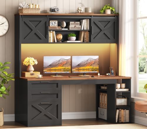 SEDETA 55.1" Farmhouse Desk with Hutch & 3 Storage Drawers