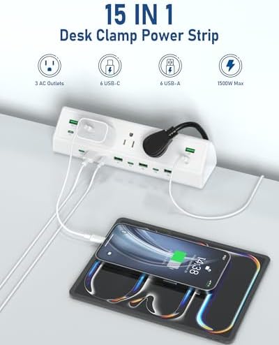 Jgstkcity 90W Desk Clamp Power Strip,12 USB Ports (6 PD 45W USB-C),Surge Protector,ETL Listed Power Hub Extension Cord,Fast Charging Station for Home Office Desk Edge Mount (White, 12 USB-90W)