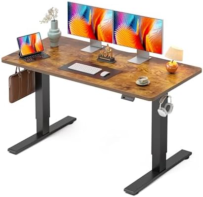 CubiCubi Electric Standing Desk 55 x 24 Inch, Height Adjustable Sit Stand Desk with Memory Presets, Splice Desktop Computer Desk for Home Office, Black Frame/Vintage Brown Top
