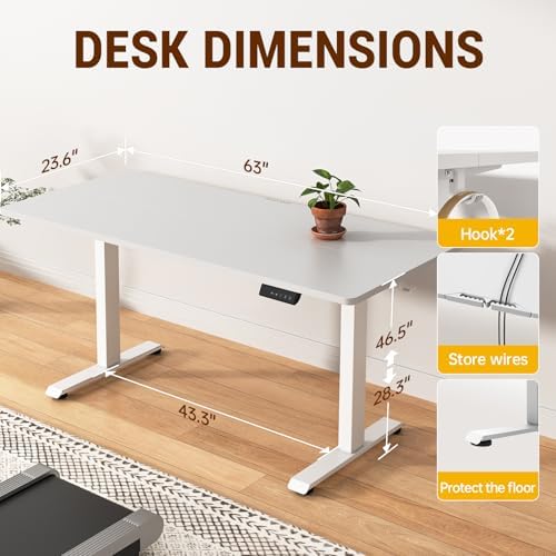 Veken 63×23.6 Inch Large Electric Standing Desk, Gaming Table, White