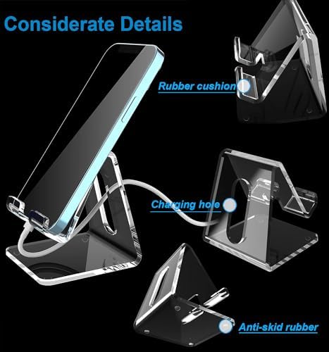 Crpich Acrylic Cell Phone Stand, Portable Phone Holder, Clear Phone Stand for Desk, Compatible with Phone16 15 14 13 12 Pro Max 11 Xr Plus SE, Switch, Android Smartphone, Pad, Desk Accessories, 2 Pack