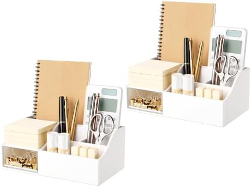 HBlife Acrylic Desk Organizer with Drawer, Pen & Pencil Holder, Multifunctional Desktop Caddy for Office Supply and Organization (White, 2 Pack)