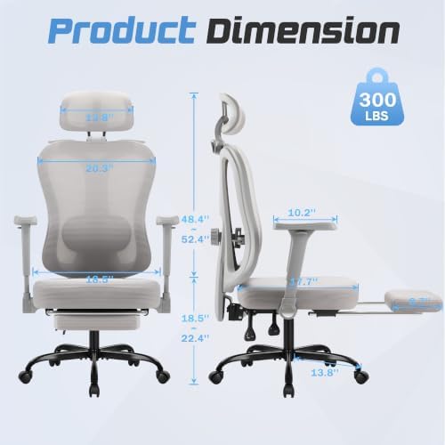 Furmax Ergonomic Office Chair with 3D Headrest & 4D Flippable Armrests, Adjustable Lumbar Support, 135° Recline, Breathable Mesh Seat, Height Adjustable Swivel Computer Desk Chair(Grey)
