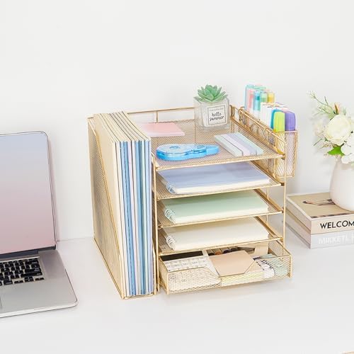 5-Tier Desk File Organizer with Drawer & Pen Holder (Gold)