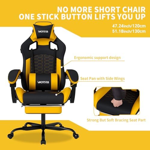 Gaming Chair with Massage,Ergonomic PC Gaming Chair with Footrest Comfortable Headrest and Lumbar Support,High Back Game Chair PVC Leather,300LBS (BlackYellow)