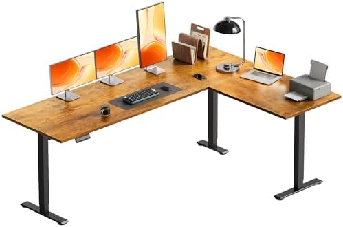 OffiGo 71 Inch Reversible L Shaped Electric Standing Desk, Rustic Brown