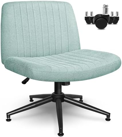 NEO CHAIR Criss Cross Chair with Wheels Armless Cross Legged Office Desk Wide Comfy Vanity Makeup Chair Adjustable Swivel Rolling Computer for Home Office Fabric (Mint)