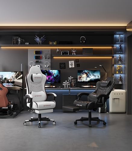 Gaming Chair,Big and Tall Gaming Chair 400lbs Office Chair with Footrest, 90-155° Recline & Removable Headrest Lumbar Support[Spring + 4D Sponge] (White)