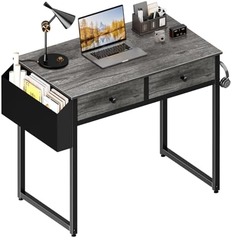 Lufeiya Small Desk with Drawers - for Bedroom, 32 Inch Home Office Computer Desk with Fabric Storage Drawer and Bag, Study Writing Table for Small Spaces, Gray