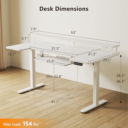 OffiGo 63 Inch U Shaped Electric Standing Desk with Keyboard Tray, White