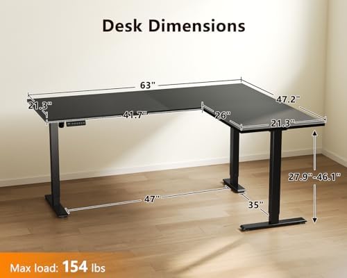 Casaottima 63 Inch L Shaped Electric Standing Desk, Home Office, Black