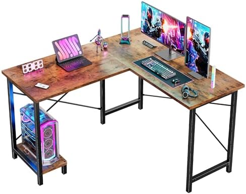 DUMOS 50-Inch Reversible L Shaped Desk with CPU Shelf, Brown