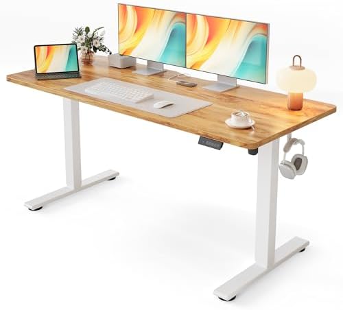 Cubiker Standing Desk, 55x24 Inches Sit Stand Home Office Desk, Electric Stand up Desk, Adjustable Desk with Splice Board, White Frame/Light Rustic Top