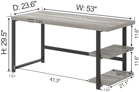 FOLUBAN Computer Desk, Modern Home Office Desk with Shelves, Wood Writing Study Gaming Table for Living Room Bedroom, Light Grey, 53 inch