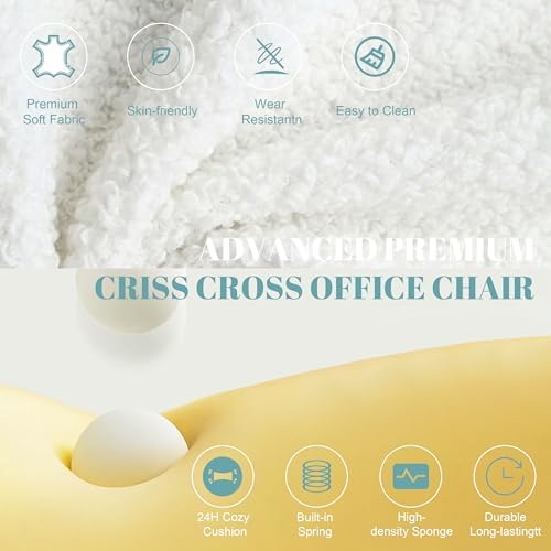 Flip Armrests Criss Cross Office Chair, Reclining Office Chair with Foot Rest, Adjustable Headrest, Massage Waist Pillow, Cross Legged Big and Tall Desk Chair Wide Seat Vanity Chair, White Fabric
