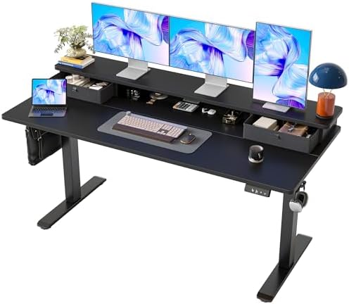 TIQLAB Standing Desk with Two Drawers, Stand Up Standing Desk Adjustable Height, Electric Sit Stand Table with Storage Shelf and Splice Board, 63 * 24 inch, Black