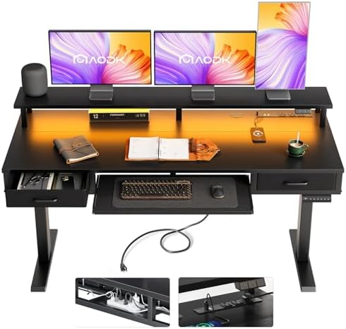 AODK 63 Inch Electric Standing Desk with Drawers & Keyboard Tray, Black