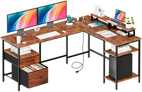 DUMOS 62” L Shaped Desk with Drawers and Power Outlet, Rustic Brown