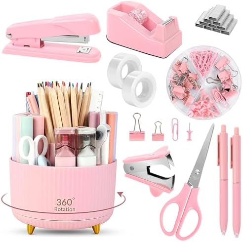 SKYDUE Pink Desk Accessories 11Pcs with Rotating Pen Holder for Desk
