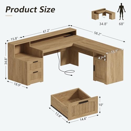 63" Fluted L Shaped Desk with Drawers & Printer Shelf for Home Office