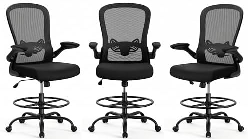 ErGear Drafting Chair, Standing Desk Chair with Flip-Up Armrests, High Desk Chair Adjustable Height, Ergonomic Tall Office Chair with Lumbar Support and Adjustable Footrest Ring,3 Pack