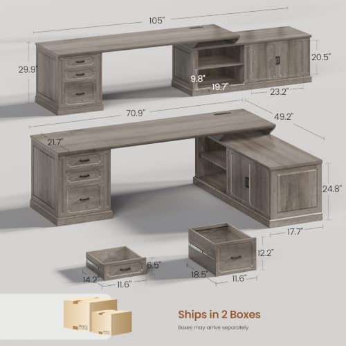 SEDETA Farmhouse L Shaped Desk with Drawers, 70.9" Home Office Desk with Storage Cabinet and Storage Shelves, L Shaped Computer Desk with Power Outlet，Gray