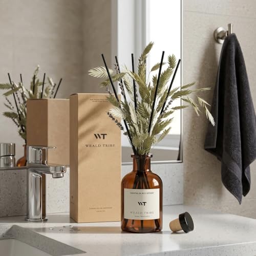WEALD TRIBE Bamboo Scent Flower Reed Diffuser Set for Bathroom Air Fresheners, Oil Diffuser Sticks | 4.0 fl oz Home Fragrance with Sticks Defusers | House Bedroom Office Shelf Decor