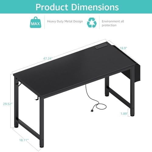 Lufeiya Gaming Desk with Power Outlet, 47 inch Teen Study Table Home Office Work Writing Computer Desks with Charging Station Outlets Built in, Black