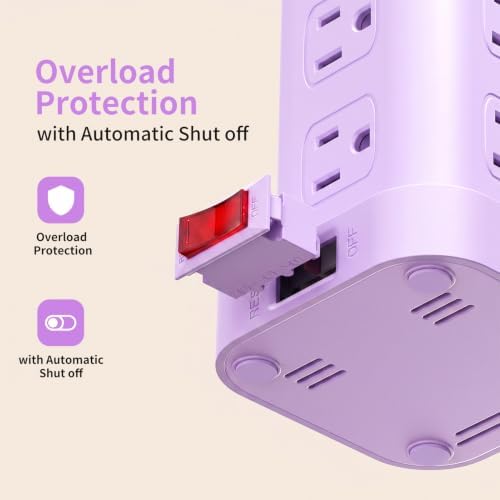 Extension Cord with Multiple Outlets, SMALLRT Power Strip Tower, Outlet Extender with 12 AC Outlets 4 USB, 6.5FT Extension Cord for Home Dorm Room, Office Supplies, Purple