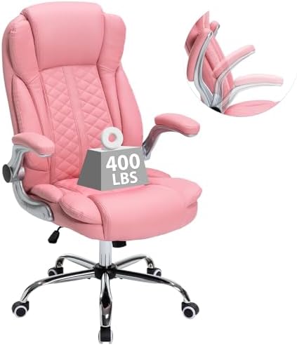 400lbs Executive Office Chair with Flip-Up Armrests, Big and Tall Computer Chair for Heavy People, Heavy Duty Ergonomic Comfy Chair, Breathable PU Leather (Pink)