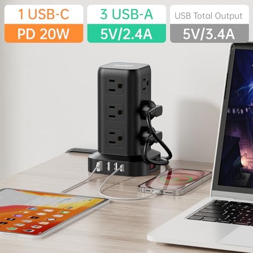 Extension Cord with Multiple Outlets, SMALLRT Power Strip Tower with USB Ports 12 AC Outlets, PD 20W USB C, 15FT Outlet Extender for Home Dorm, Office Supplies, Overload Protection