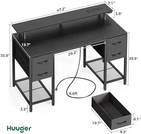 Huuger 47 inch Computer Desk with Power Outlets & 4 Drawers