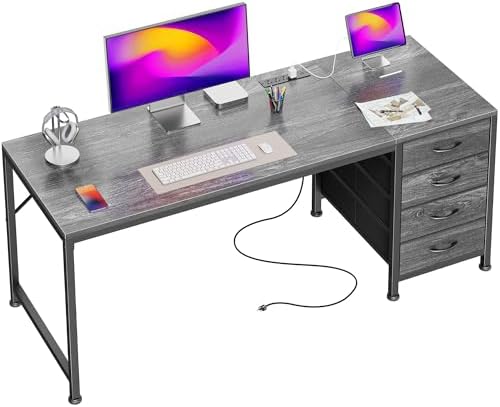 PRAISUN 55.1 Inch Computer Office Desk with Power Outelts and USB-C Port, Reversible Gaming Desk with 4 Fabric Drawers, Work Study Desk Work from Home, Grey