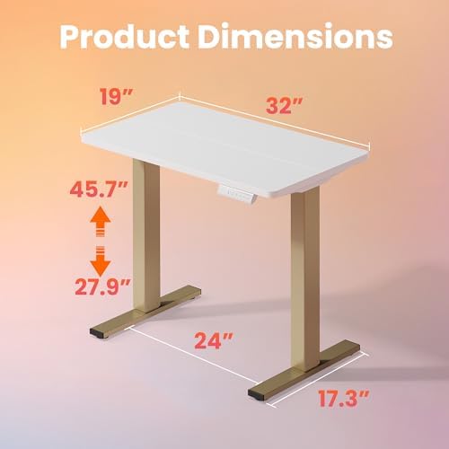 HUANUO 32x19 Inch Small Electric Desk, Adjustable, White & Gold Frame