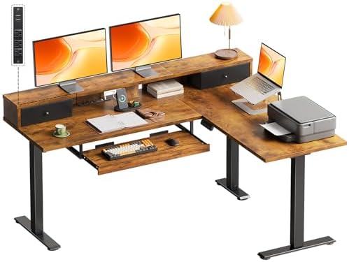 OffiGo 59 Inch L Shaped Electric Standing Desk with Drawers, Rustic Brown