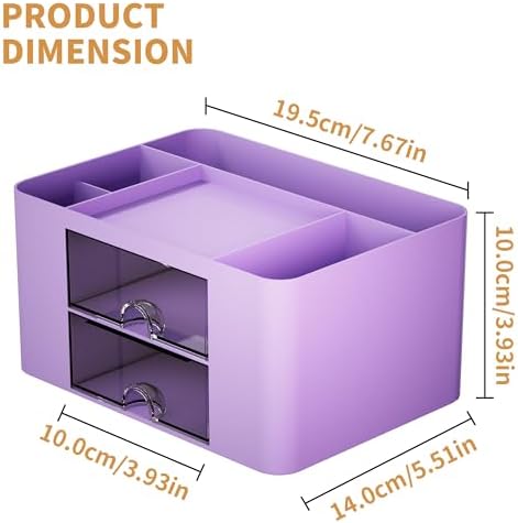 Marbrasse Pen Organizer with 2 Drawer, Multi-Functional Pencil Holder for Desk, Desk Organizers and Accessories with 5 Compartments + Drawer for Office Art Supplies (Purple)