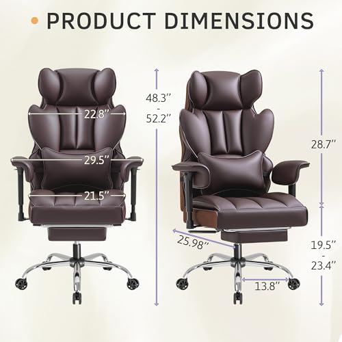 Furmax Big and Tall Office Chair, High Back Gaming Chair with Footrest for Heavy People, 400LBS Ergonomic Comfy Office Chair with Adjustable Armrests for Home Office (Brown)