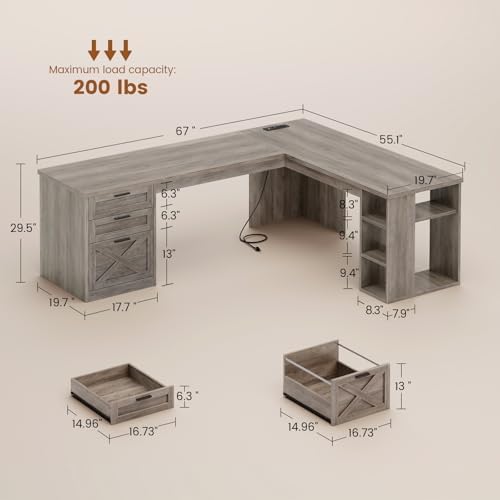 SEDETA 67" Farmhouse Executive L Shaped Desk with 3 Drawers